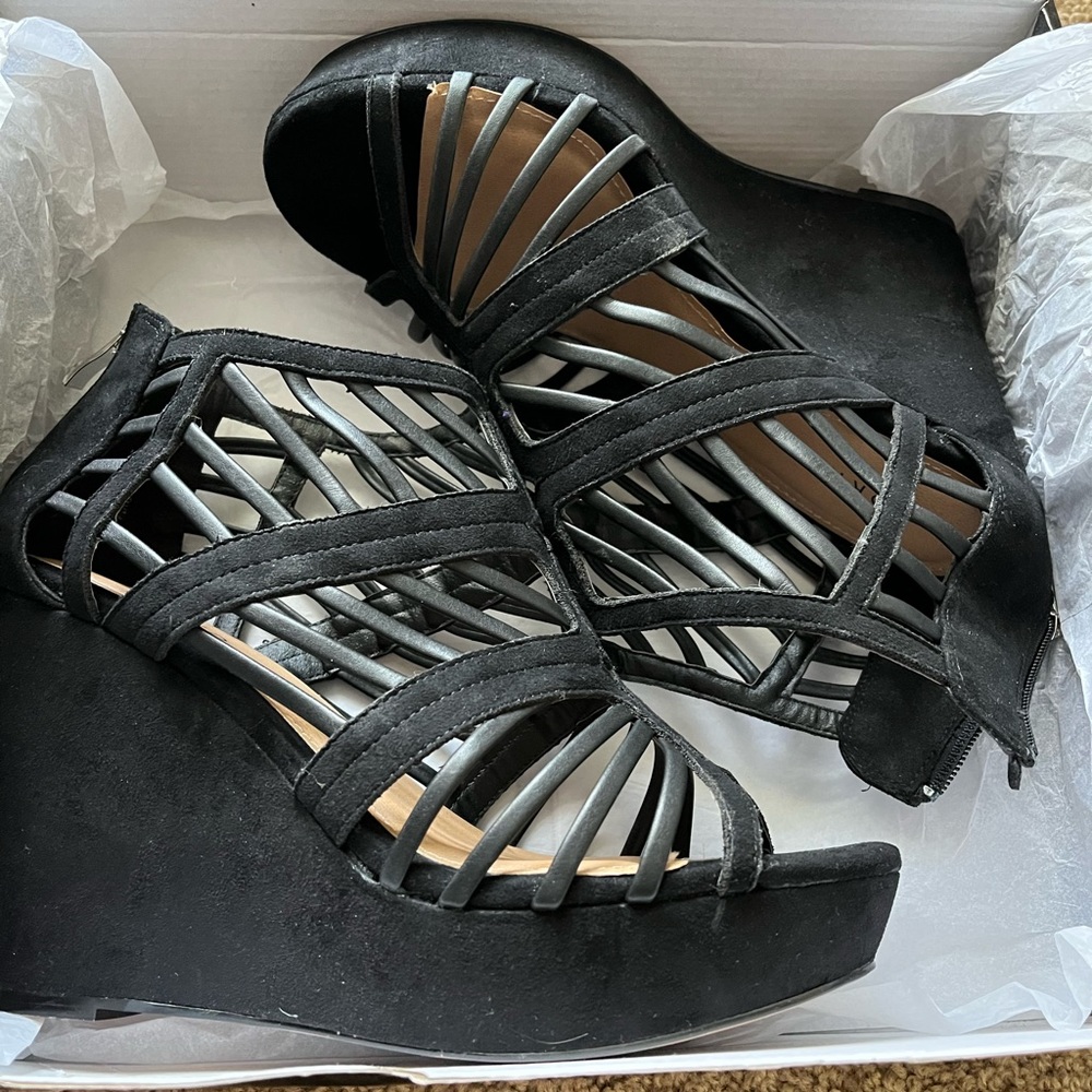 Torrid, size 11, black, Sandel wedges, NEVER WORN, comes with BOX